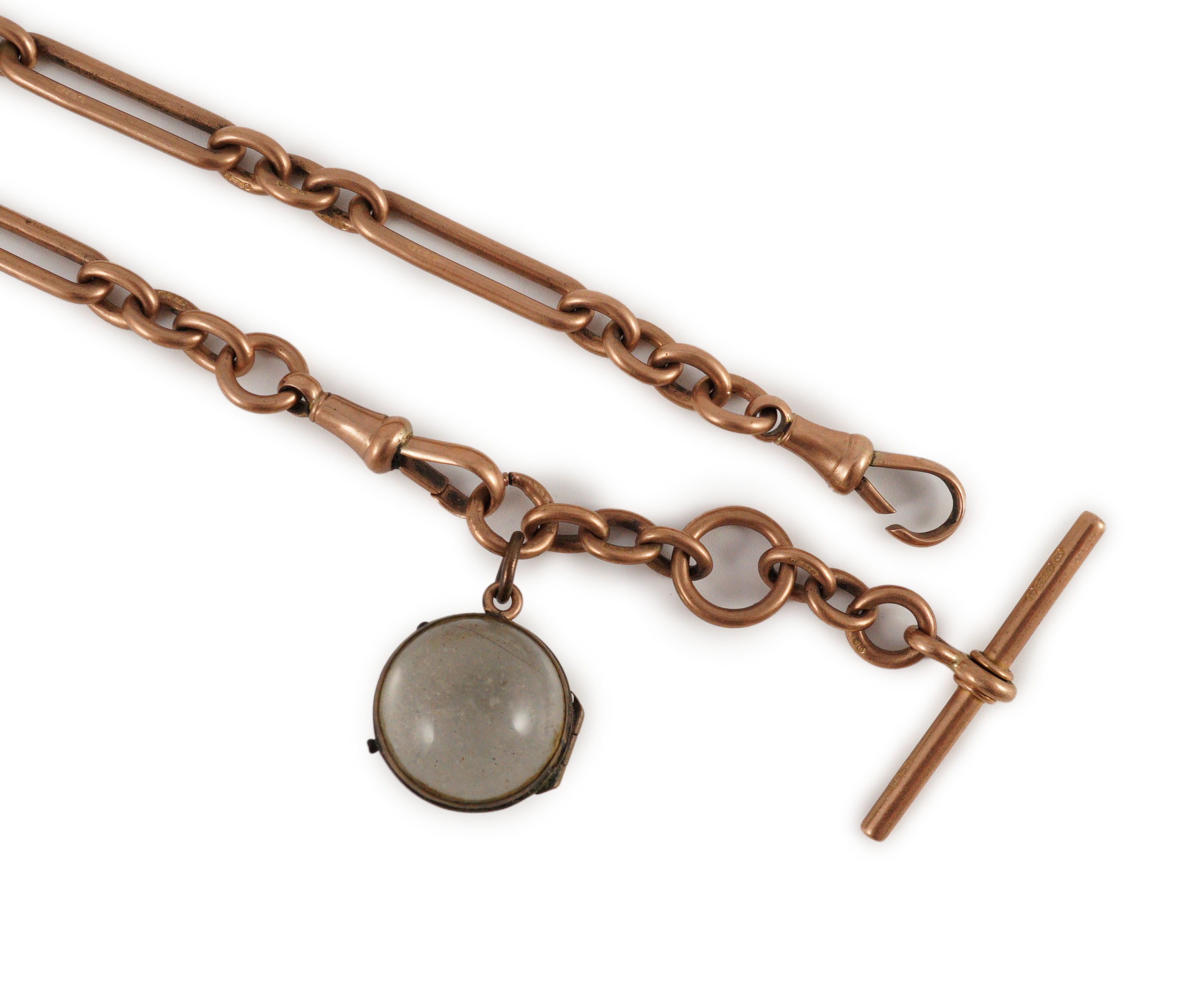 An early 20th century 9ct gold albert with magnified lens fob